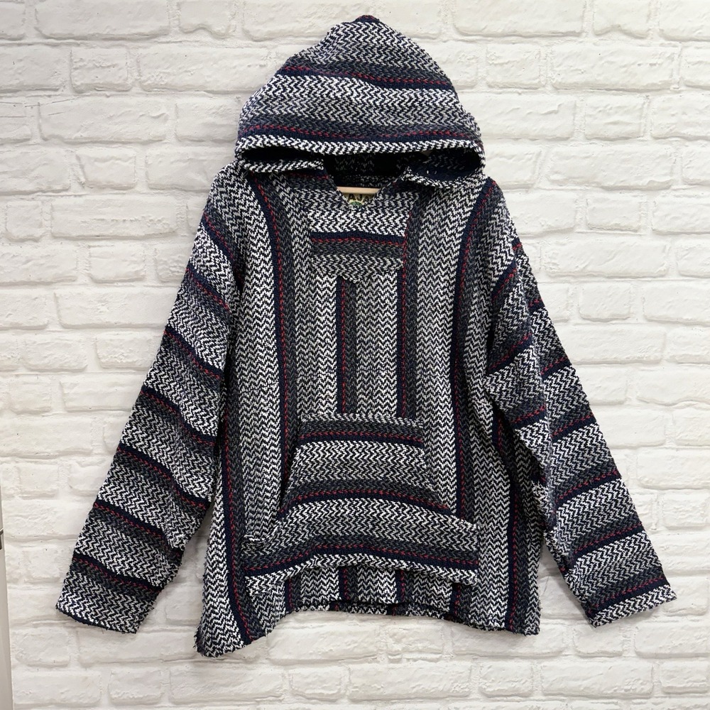 Baja Joe Mexican Poncho Hooded Drug Rug Men 2X Pullover Striped Woven Hippie